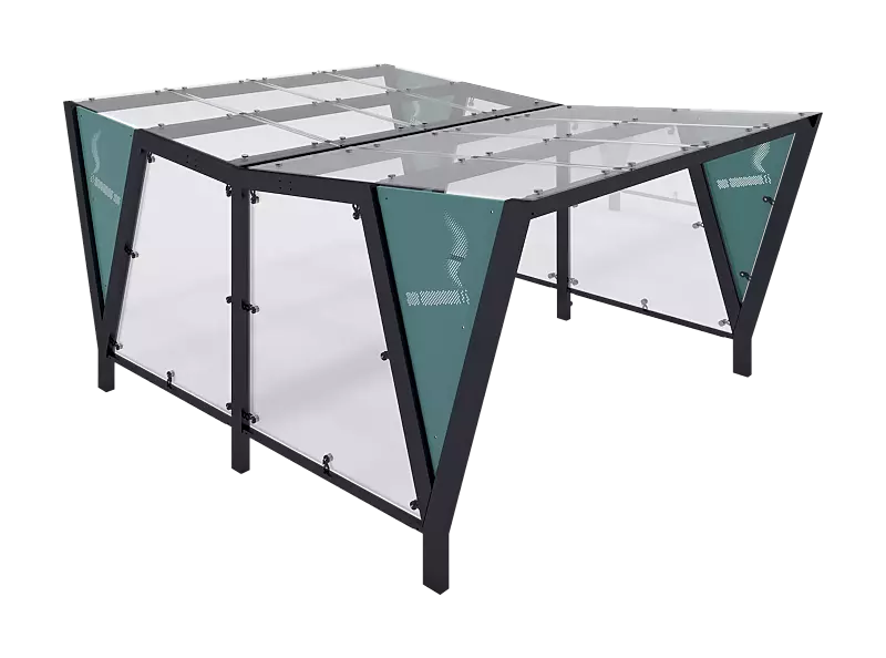 Raucherunterstand TAURI, mit Trogdach, Dachbreite x Dachtiefe 3940 mm x 5100 mm, Dacheindeckung VSG, Seitenwand ESG, Klarglas bzw. perforiertem Stahlblech, Stahlkonstruktion in RAL 7016 anthrazitgrau