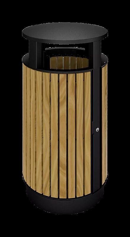 Abfallbehälter PLAZA WOOD mit Holzbelattung, Stahlteile in Finbin Black 1945 ähnlich schwarz metallic strukturiert