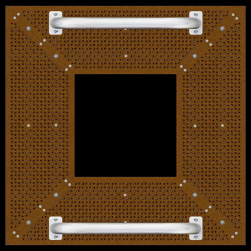 Baumschutzrost TABER, Breite x Tiefe 1500 x 1500 mm, mit Fahrradanlehnbügel aus Edelstahl, Unterkonstrukion verzinkt, Blechprofil-Segmente mit Prägung City aus Cortenstahl
