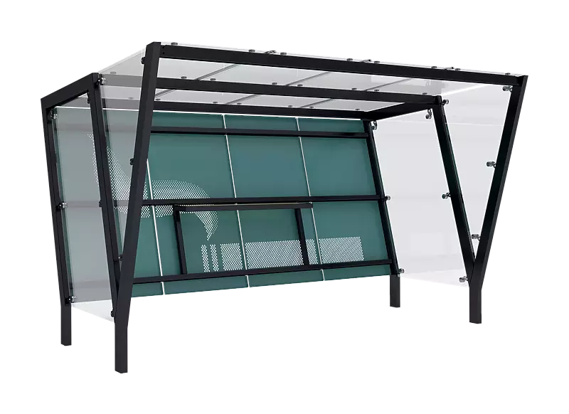 Raucherunterstand TAURI, mit Pultdach, Dachbreite x Dachtiefe 3940 mm x 2500 mm, Dacheindeckung VSG, Rückwand perforiertes Stahlblech, Seitenwand ESG, Klarglas, Stahlkonstruktion in RAL 7016 anthrazitgrau