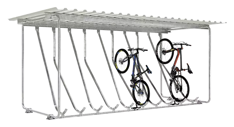Fahrradüberdachung BIELA, Dachbreite x Dachtiefe 4300 mm x 2540 mm, einseitige Ausführung inklusive 10 Schräghochparker, Stahlkonstruktion feuerverzinkt