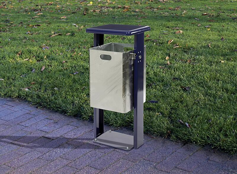 Abfallbehälter ASHINGTON, ohne Ascher, zum Aufdübeln, Schutzdach und Ständer in RAL 5013 kobaltblau, Behälter feuerverzinkt