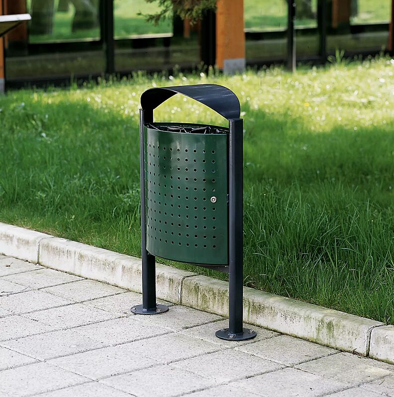 Abfallbehälter ELISEO mit bogenförmigem Schutzdach, komplett aus Stahl, Behälter in RAL 6005 moosgrün, Rahmen und Schutzdach in RAL 7016 anthrazitgrau