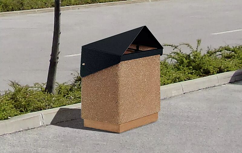 Abfallbehälter GARDA - A, Beton mit transparenter Beschichtung in terracotta - 5/A, Schutzdach in RAL 9005 tiefschwarz