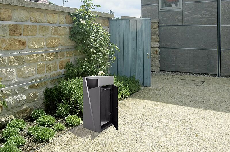 abfallbehaelter-intal-__shoKAT0039401 Abfallbehälter INTAL mit Ascher, Schutzdach und Tür in RAL9007 graualuminium, Beton beschichtet in graphit