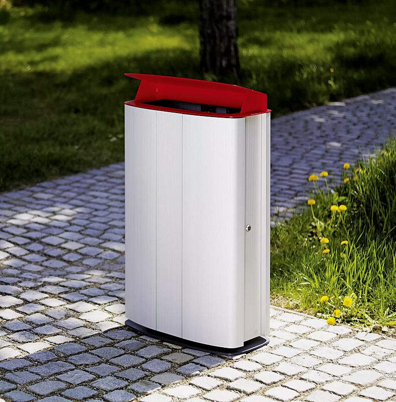 Abfallbehälter MAXIMINIUM, Stahlteile in RAL 3003 rubinrot und RAL 7016 anthrazitgrau