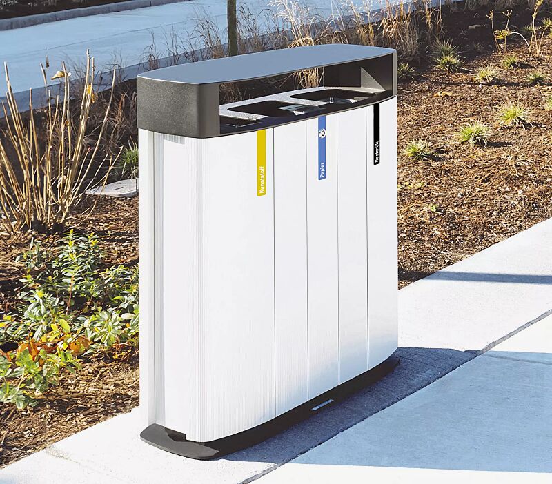 Abfallbehälter MULTIMINIUM, Korpus: Aluminiumprofile in RAL 7035 lichtgrau, Stahlteile und Aluminium-Schutzdach in RAL 7016 anthrazitgrau