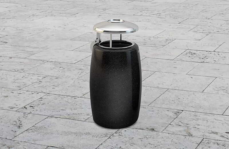 Abfallbehälter ORIONE aus rekonstituiertem Marmor geschliffen, mit Edelstahl-Schutzdach und Ascher, in schwarz ebano