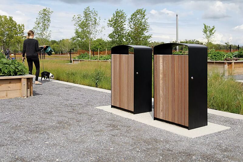 abfallbehaelter-prax__shoKAT0056729 Abfallbehälter PRAX, Korpus: Jatobaholzbelattung, Stahlteile in RAL 7022 umbragrau