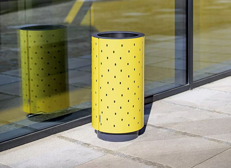 abfallbehaelter-quinbin__shoKAT0063291 Abfallbehälter QUINBIN, rund, Korpus: gestanztes Stahlblech, Stahlteile in RAL 1021 rapsgelb und RAL 7016 anthrazitgrau