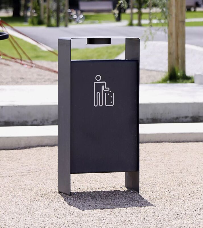 Abfallbehälter RADIUM in RAL 7016 anthrazitgrau, Siebdruck in RAL 9003 signalweiß