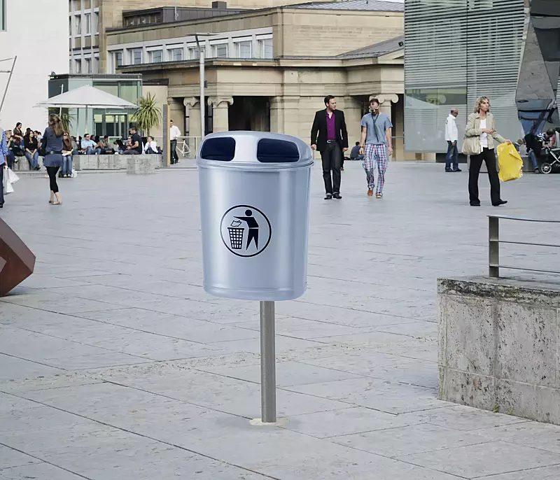 Abfallbehälter TORBAY, ohne Ascher, mit feuerverzinktem Pfosten zum Einbetonieren (Zubehör), in RAL 9006 weißaluminium