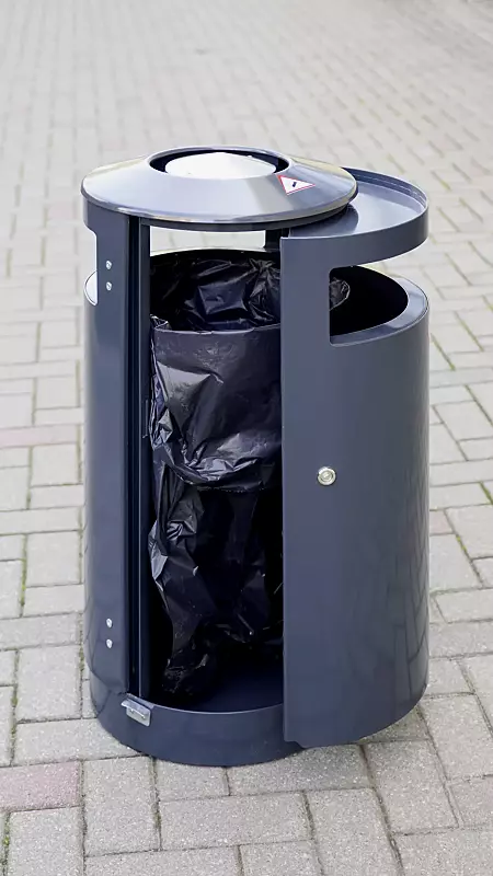 Abfallbehälter UTENA mit Ascher und Abfallsackhaltering, in RAL 7016 anthrazitgrau