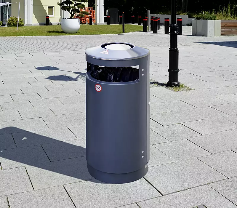 Abfallbehälter UTENA mit Ascher und Abfallsackhaltering, in RAL 7016 anthrazitgrau