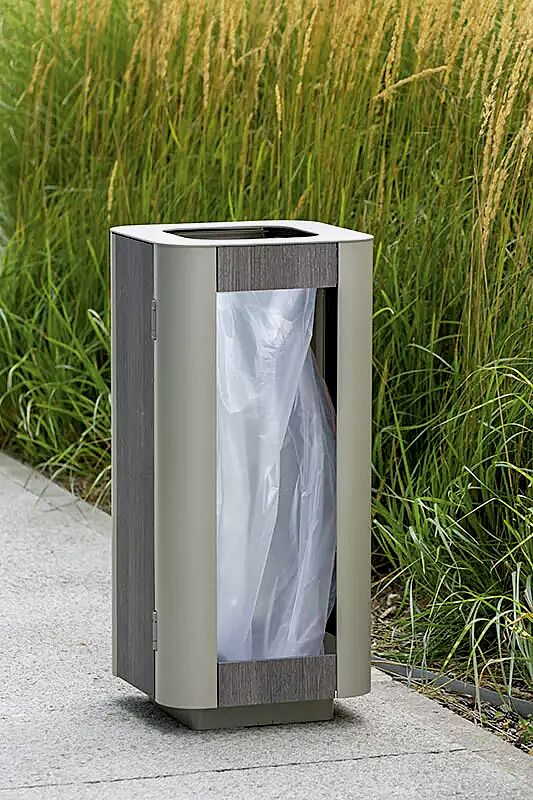 Abfallsackhalter PAOSA, Stahlteile in RAL 7044 seidengrau, Korpus aus grauem Zedernholz