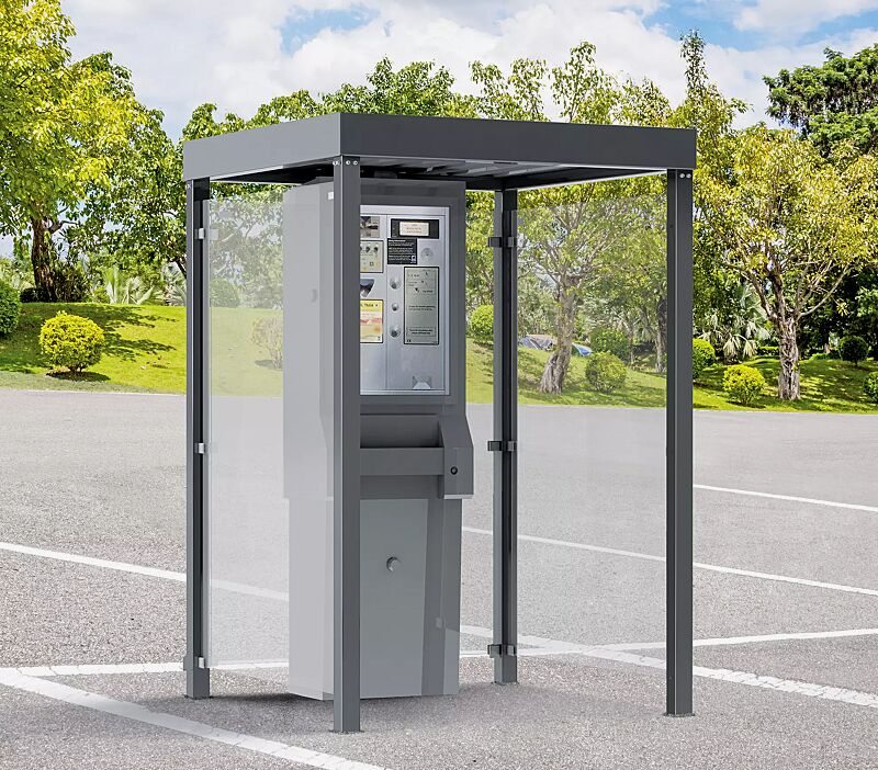 Automatenüberdachung GEMALA, Dachbreite x Dachtiefe 1600 mm x 1600 mm, Rück- / Seitenwände ESG, Klarglas, Stahlkonstruktion in RAL 7016 anthrazitgrau