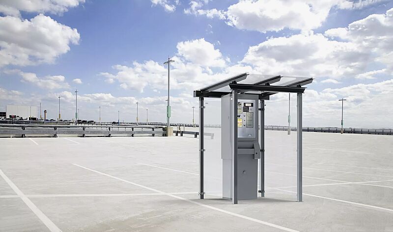 Automatenüberdachung PEGASUS, Dachbreite x Dachtiefe 1800 mm x 2000 mm, Rück- und Seitenwände ESG, Klarglas, Stahlkonstruktion in RAL 7016 anthrazitgrau