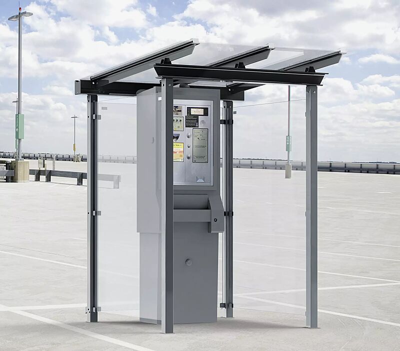 Automatenüberdachung PEGASUS, Dachbreite x Dachtiefe 1800 mm x 2000 mm, Rück- und Seitenwände ESG, Klarglas, Stahlkonstruktion in RAL 7016 anthrazitgrau