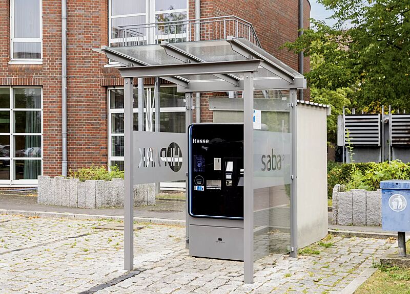 Automatenüberdachung PEGASUS, Dachbreite x Dachtiefe 1800 mm x 2000 mm, mit Rück- und Seitenwände ESG, Klarglas, Scheibendekor bauseits, Stahlkonstruktion in RAL 9007 graualuminium