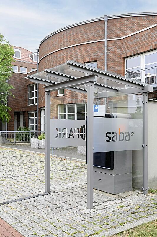 Automatenüberdachung PEGASUS, Dachbreite x Dachtiefe 1800 mm x 2000 mm, mit Rück- und Seitenwände ESG, Klarglas, Scheibendekor bauseits, Stahlkonstruktion in RAL 9007 graualuminium