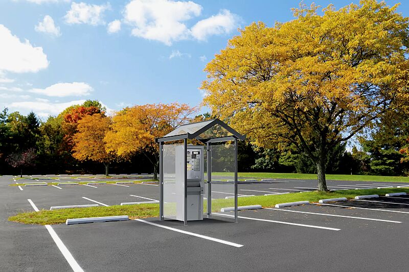 Automatenüberdachung TANGENTA, Dachbreite x Dachtiefe 1700 mm x 2000 mm, Rück- und Seitenwände ESG, Klarglas, Stahlkonstruktion in RAL 7016 anthrazitgrau