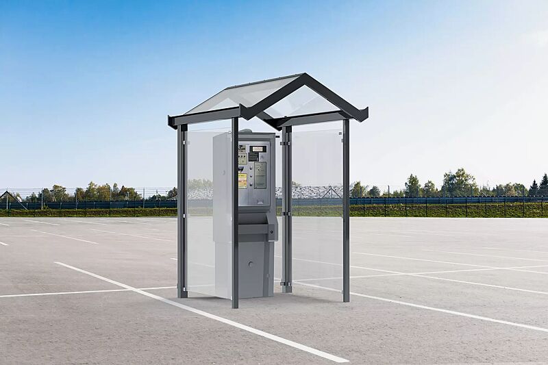 Automatenüberdachung TANGENTA, Dachbreite x Dachtiefe 1700 mm x 2000 mm, Rück- und Seitenwände ESG, Klarglas, Stahlkonstruktion in RAL 7016 anthrazitgrau