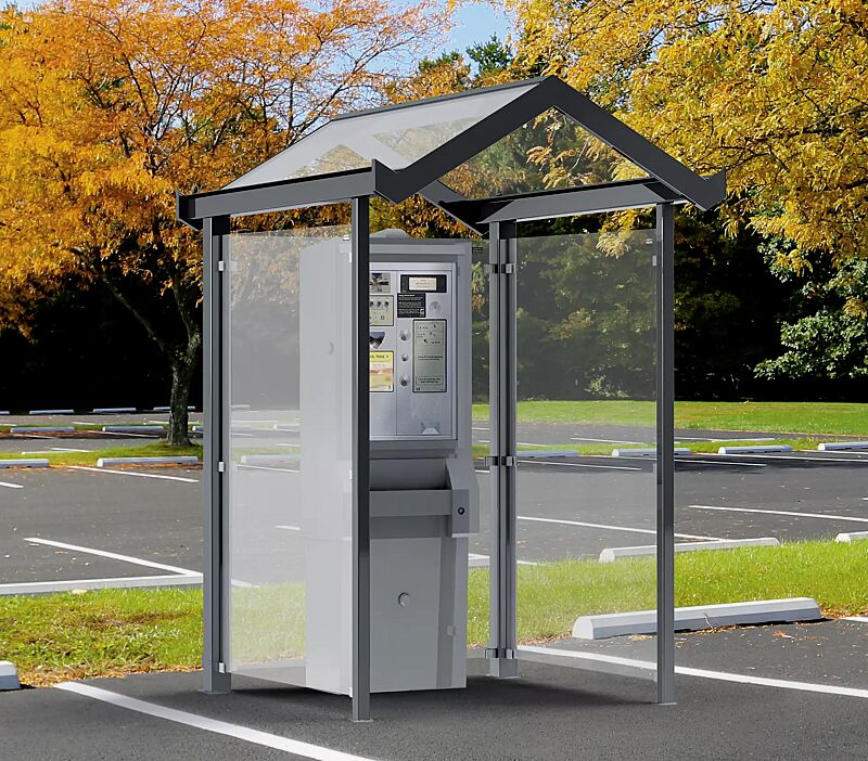 Automatenüberdachung TANGENTA, Dachbreite x Dachtiefe 1700 mm x 2000 mm, Rück- und Seitenwände ESG, Klarglas, Stahlkonstruktion in RAL 7016 anthrazitgrau