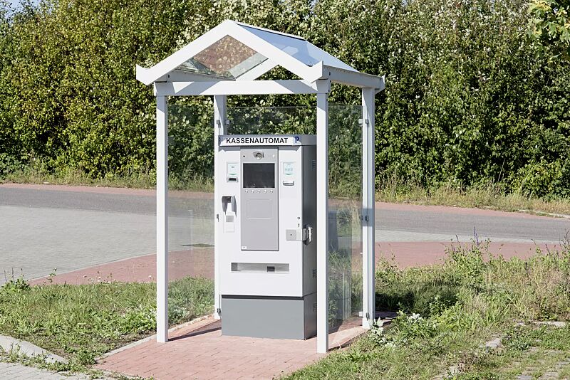 Automaten-Überdachung TANGENTA, Dachbreite x Dachtiefe 1700 mm x 2000 mm, Rück- und Seitenwände ESG, Klarglas, Stahlkonstruktion in RAL 7035 lichtgrau