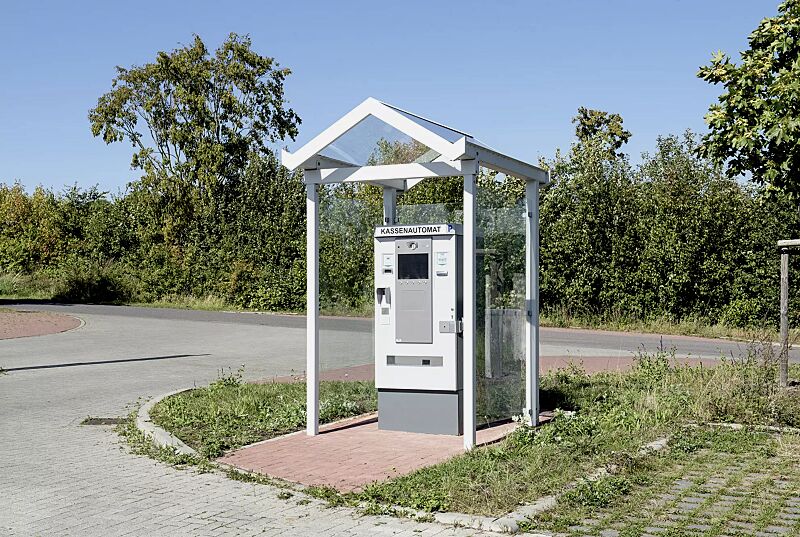 Automaten-Überdachung TANGENTA, Dachbreite x Dachtiefe 1700 mm x 2000 mm, Rück- und Seitenwände ESG, Klarglas, Stahlkonstruktion in RAL 7035 lichtgrau