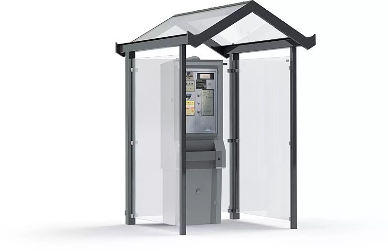 Automatenüberdachung TANGENTA, Dachbreite x Dachtiefe 1700 mm x 2000 mm, Rück- und Seitenwände ESG, Klarglas, Stahlkonstruktion in RAL 7016 anthrazitgrau