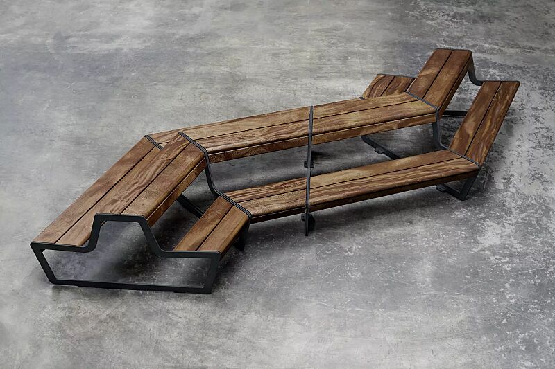 Bank-Tisch-Kombination LINK bestehend aus 4 Einzelelementen, modular erweiterbar, Stahlteile in RAL 7021 schwarzgrau