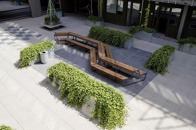 Bank-Tisch-Kombination LINK bestehend aus 8 Einzelelementen, modular erweiterbar, Stahlteile in RAL 7024 graphitgrau