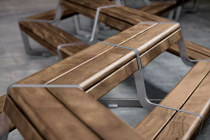 Bank-Tisch-Kombination LINK bestehend aus Einzelelementen, modular erweiterbar, Stahlteile in RAL 9007 graualuminium