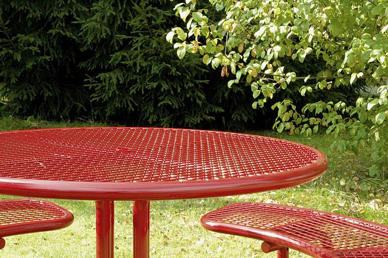 bank-tisch-kombination-pavia__shoKAT0037933 Detail: Bank-Tisch-Kombination PAVIA, rund, in RAL 3000 feuerrot