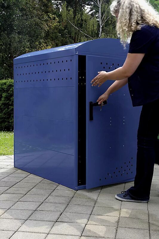 buggy---kinderwagenbox-rollator---rollstuhlgarage-lexington__shoKAT0064161 Kinderwagenbox LEXINGTON NEW, Grundeinheit mit Bogendach, Türanschlag DIN rechts, Stahlkonstruktion in RAL 5000 violettblau