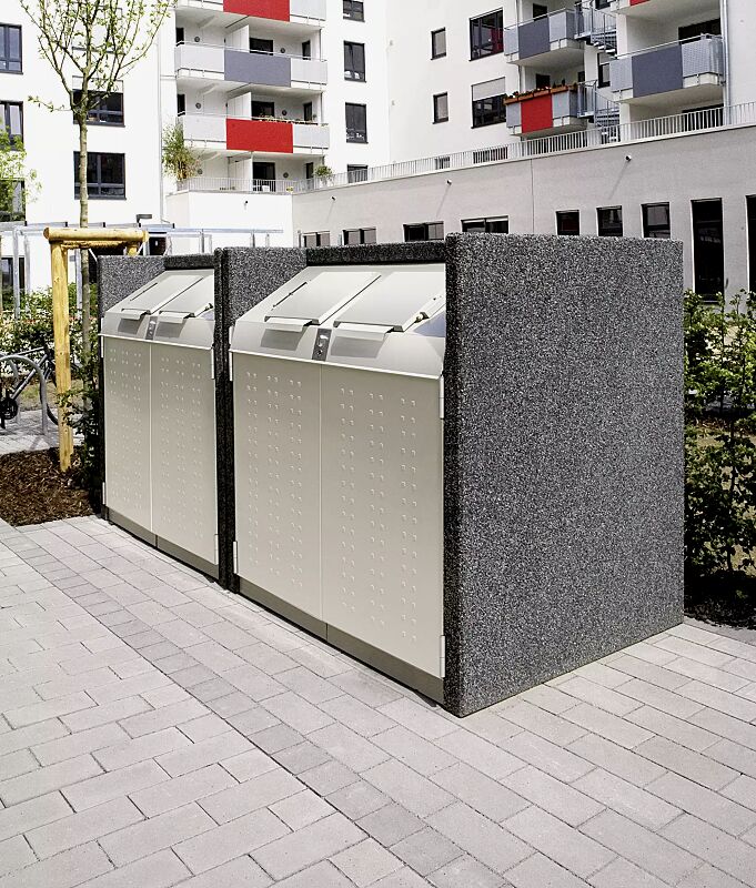 Containerbox DARWEN, Korpus revulkan® schwarz, Stahlteile in RAL 7044 seidengrau (Sonderlackierung) mit zentraler Schließung (Mehrpreis) und Kennzeichnung des Einwurfs (auf Anfrage gegen Mehrpreis)