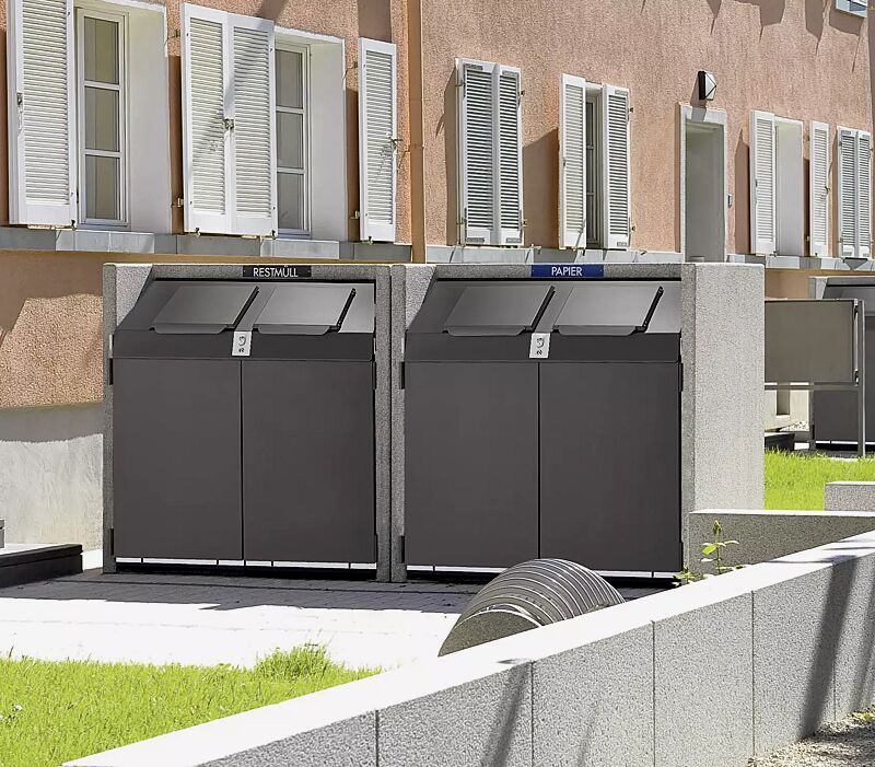 Containerboxen SWANLEY, Korpus procarat® mixed, Stahlteile in RAL 7016 anthrazitgrau, mit zentraler Schließung (Mehrpreis) und Wertstoffkennzeichnung (auf Anfrage gegen Mehrpreis)