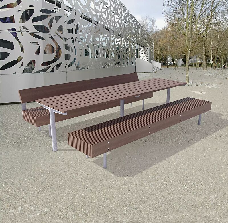 doppeltisch-woody__shoKAT0063560 Bank-Tisch-Kombination WOODY bestehend aus einem Tisch, Sitzbank mit und ohne Rückenlehne, mit Jatobaholzbelattung