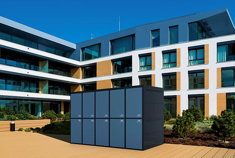 fahrradgarage-fullerton-e__shoKAT0068594 Fahrradgarage FULLERTON-E für 10 Fahrräder, doppelstöckig, für Zugangs- und Buchungssystem SmartBikeBox®, Höhe x Breite x Tiefe 2860 mm x 4420 mm x 2100 mm, Stahlkonstruktion in RAL 7016 anthrazitgrau, Türen in RAL 5009 azurblau, Beschriftung gegen Meh...