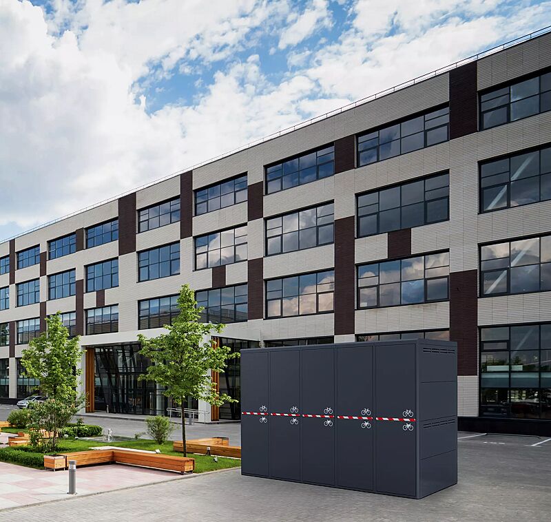 fahrradgarage-fullerton-e__shoKAT0068595 Fahrradgarage FULLERTON-E für 10 Fahrräder, doppelstöckig, für Zugangs- und Buchungssystem SmartBikeBox®, Höhe x Breite x Tiefe 2885 mm x 4483 mm x 2100 mm, mit Sicherheitsmarkierung, Stahlkonstruktion in RAL 7016 anthrazitgrau, Beschriftung gegen Mehr...