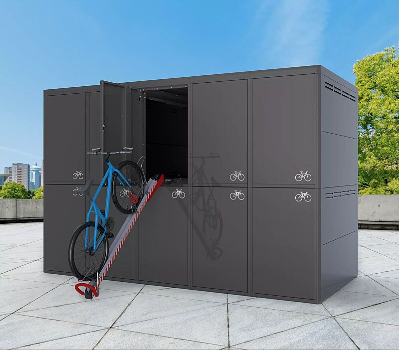 fahrradgarage-fullerton-e__shoKAT0068602 Fahrradgarage FULLERTON-E für 10 Fahrräder, doppelstöckig, für Zugangs- und Buchungssystem SmartBikeBox®, Höhe x Breite x Tiefe 2860 mm x 4420 mm x 2100 mm, Stahlkonstruktion in RAL 7016 anthrazitgrau, Beschriftung gegen Mehrpreis