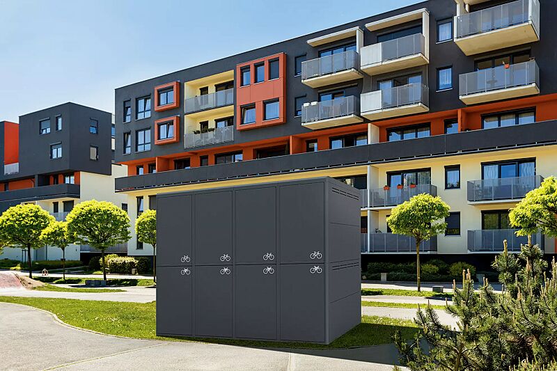 Fahrradgarage FULLERTON-E für 8 Fahrräder, doppelstöckig, für Zugangs- und Buchungssystem SmartBikeBox®, Höhe x Breite x Tiefe 2885 mm x 3611 mm x 2100 mm, Stahlkonstruktion in RAL 7016 anthrazitgrau, Beschriftung gegen Mehrpreis