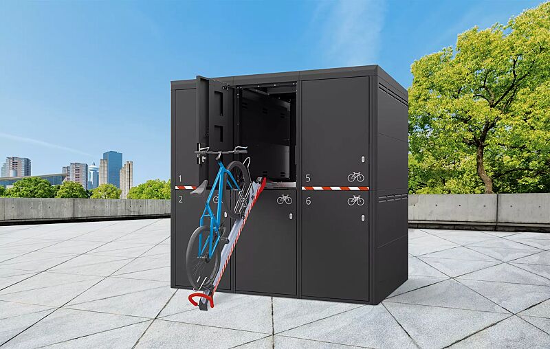 fahrradgarage-fullerton-key__shoKAT0072237 Fahrradgarage FULLERTON-KEY XL für 6 Fahrräder, doppelstöckig, Höhe x Breite x Tiefe 2945 mm x 2912 mm x 2100 mm, mit Sicherheitsmarkierung, Stahlkonstruktion in RAL 7016 anthrazitgrau, Beschriftung gegen Mehrpreis