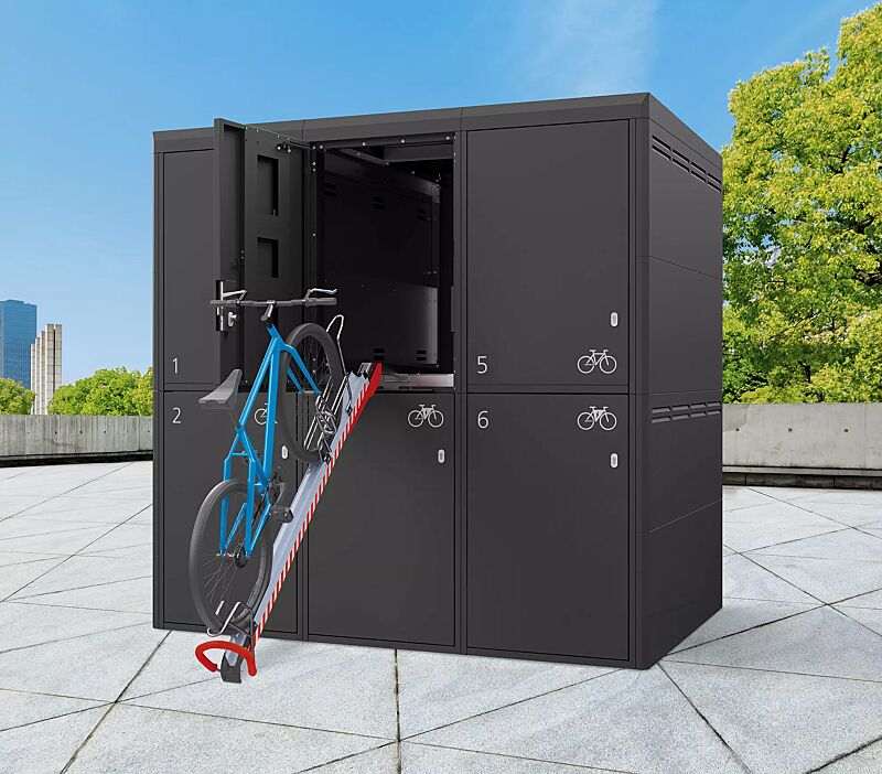Fahrradgarage FULLERTON-KEY XL für 6 Fahrräder, doppelstöckig, Höhe x Breite x Tiefe 2945 mm x 2912 mm x 2100 mm, mit Sicherheitsmarkierung, Stahlkonstruktion in RAL 7016 anthrazitgrau, Beschriftung gegen Mehrpreis