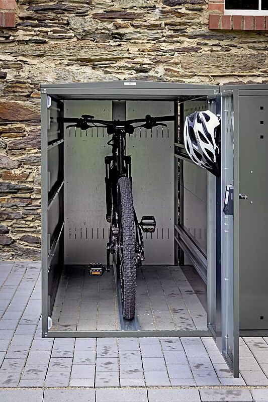 fahrradgarage-lexington__shoKAT0071451 Fahrradgarage LEXINGTON NEW mit Giebeldach, Grundeinheit, Türanschlag DIN rechts, Münzpfandschloss, Stahlkonstruktion in RAL 7009 grüngrau