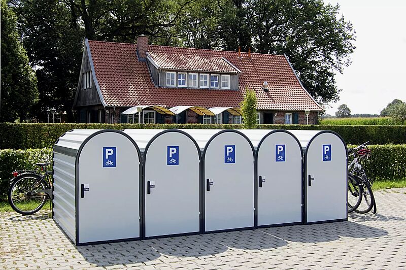 Fahrradgarage METIS, Türanschlag DIN rechts, Rahmen RAL 7016 anthrazitgrau, Dach, Rück- und Seitenwände, Tür in RAL 7035 lichtgrau (Aufkleber gegen Mehrpreis)