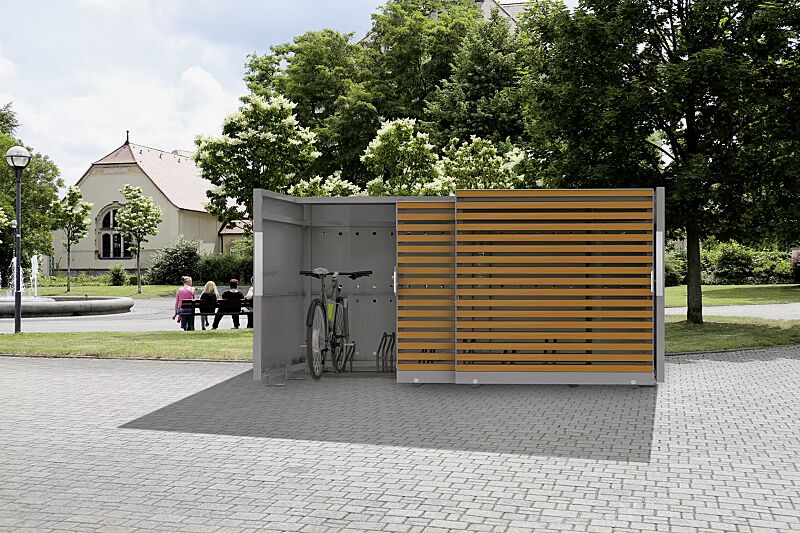 fahrradgarage-styleout-bike__shoKAT0056597 Fahrradgarage STYLEOUT® BIKE LINIS, Rück- und Seitenwände in RAL 9007 graualuminium, Schiebetüren in Holzdekor Douglasie, Dach Aluminium eloxiert