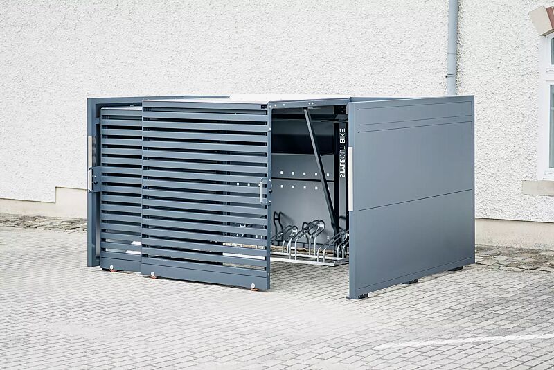fahrradgarage-styleout-bike__shoKAT0057635 Fahrradgarage STYLEOUT® BIKE LINIS, Rück-, Seitenwände und Schiebetüren in RAL 7016 anthrazitgrau, Dach Aluminium eloxiert, mit Ablagefläche und Steckdosenleiste (Zubehör)
