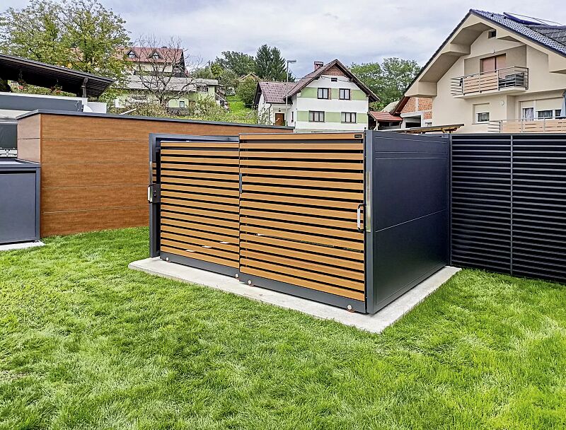 fahrradgarage-styleout-bike__shoKAT0067470 Fahrradgarage STYLEOUT® BIKE LINIS, Rück- und Seitenwände in DB 703 eisenglimmer, Schiebetüren in Holzdekor Kirschbaum hell, Dach Aluminium eloxiert