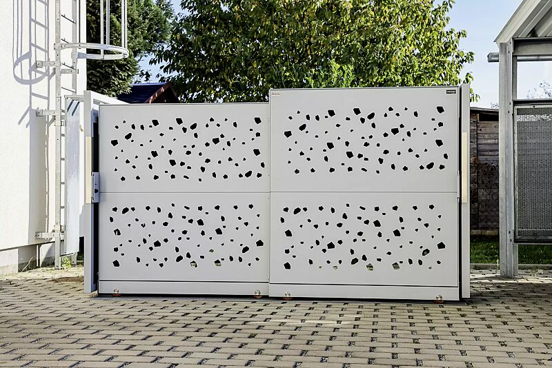 fahrradgarage-styleout-bike__shoKAT0069808 Fahrradgarage STYLEOUT® BIKE TOMO, Rück-, Seitenwände und Schiebetüren in RAL 9006 weißaluminium, Dach Aluminium eloxiert